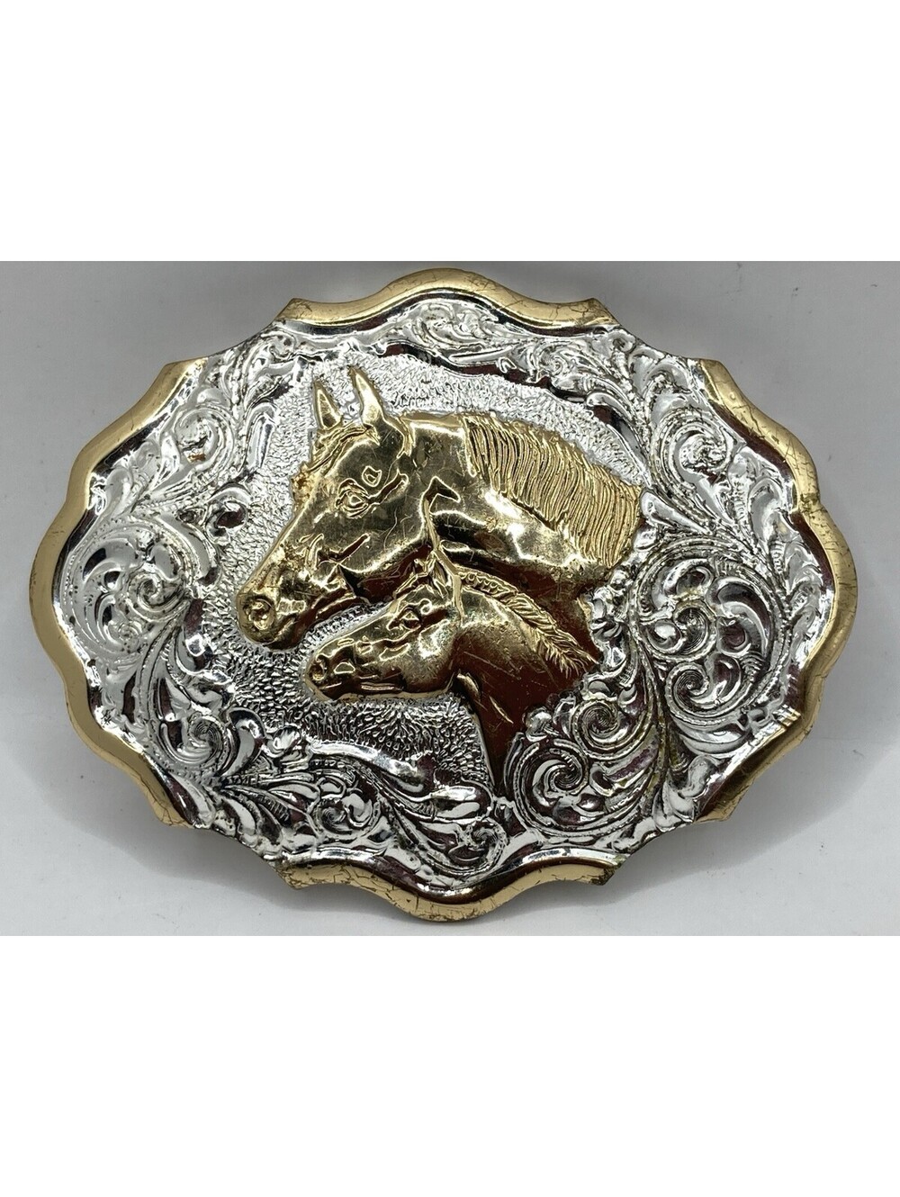 Vintage Crumrine Silver Gold Tone Horse Mare & Foal Western Scroll Belt Buckle